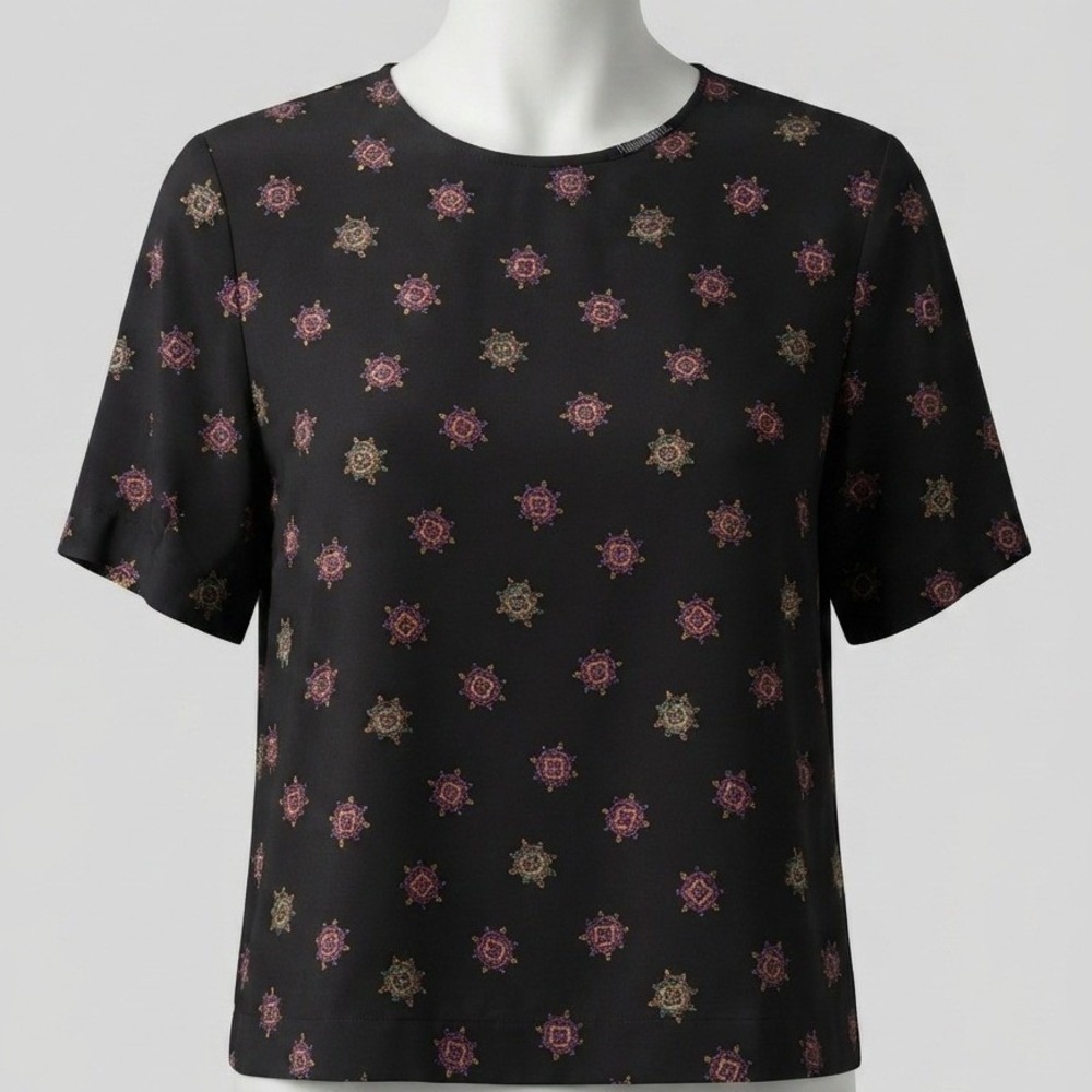 Fundamental Things Vintage Black Medallion Print Blouse Short Sleeve Top Sz 16